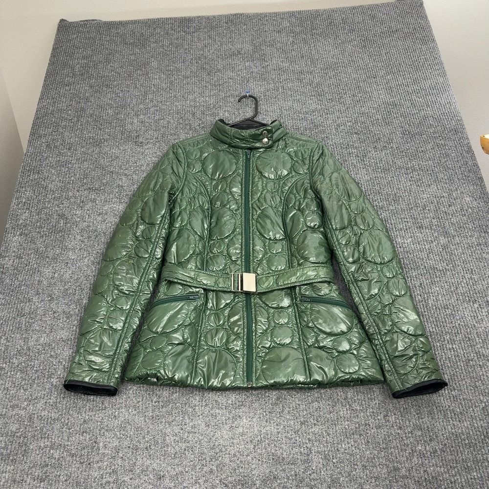 Vintage Quilted Puffer Jacket Womens M Green Glossy Belted Circle Quilt Style
